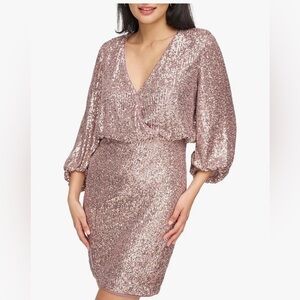 Eliza J NWT Rose Mauve Sequin Mini Blouson Dress with Balloon Sleeves- Size 6
